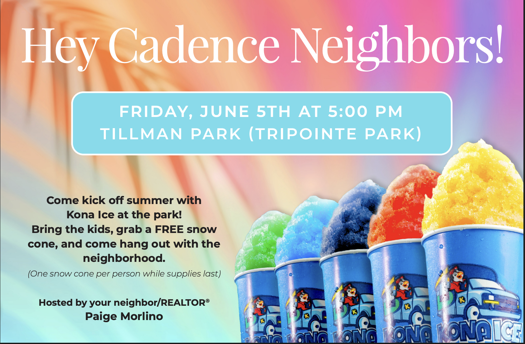 Hey Cadence Neighbors! Friday June 5th at 5:00 PM at Tillman Park